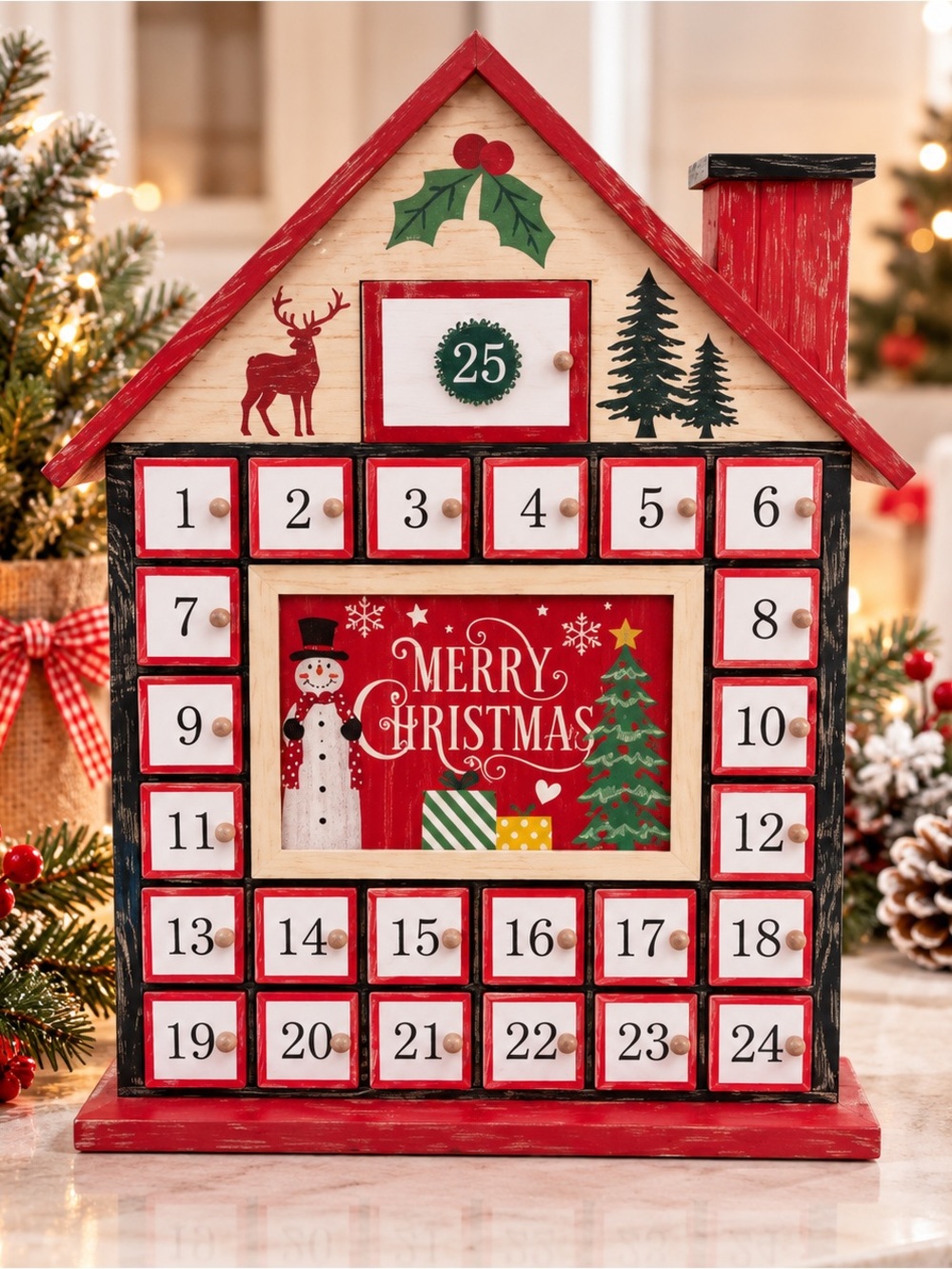 NEW Beautiful Red Wood Merry Christmas Advent Calendar In A House Shape.